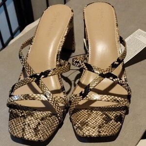 Snakeskin Strappy Block Heel Mules - Tan/Black
